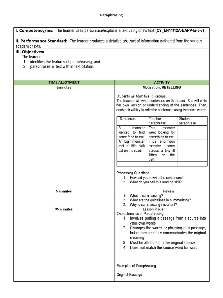 Paraphrasing Lesson Plan Overview | PDF | Plagiarism | Communication