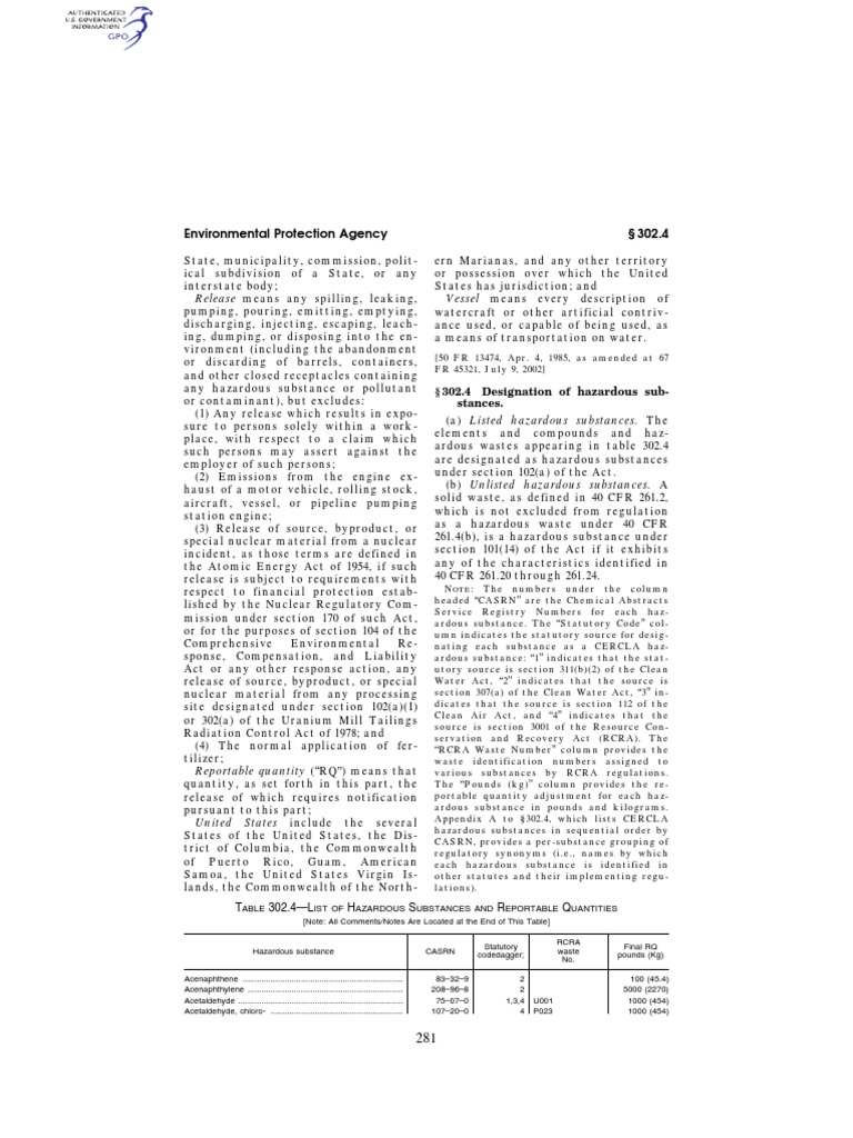 CFR 2004 Title40 Vol26 Sec302 4 Epa RQ Reportable Quantity PDF