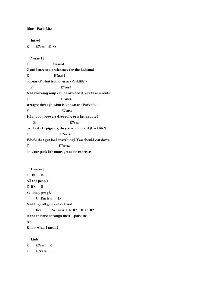 Parklife Chords and Lyrics Guide | PDF | British Styles Of Music