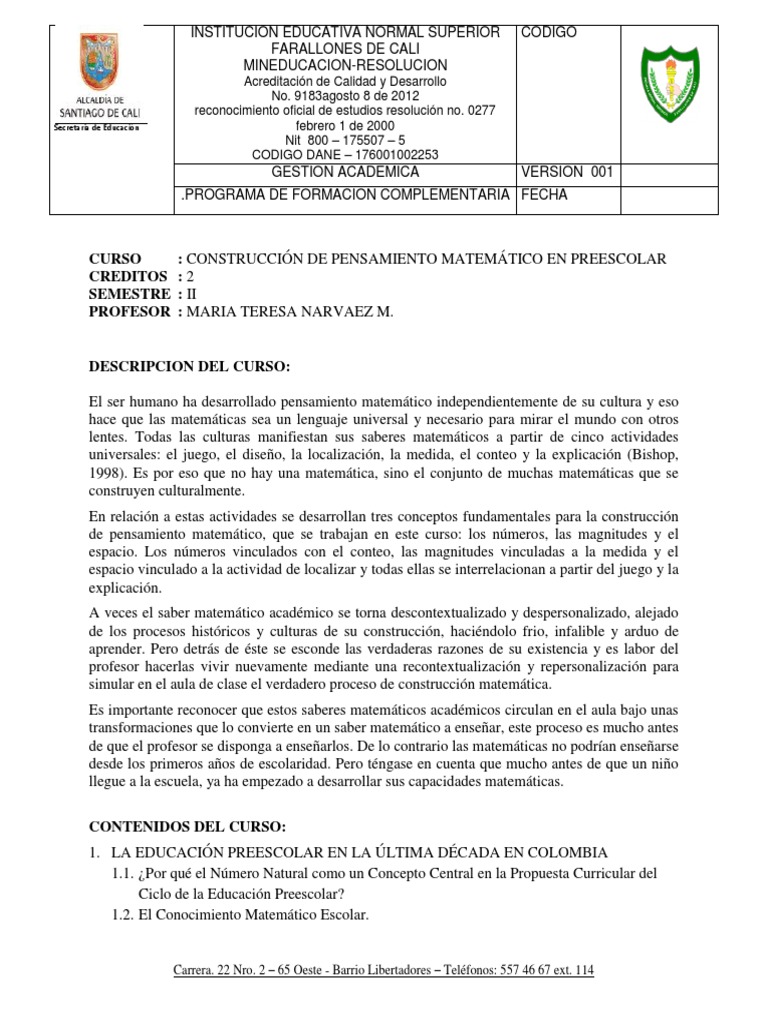 Matemáticas en Preescolar: Curso y Metodología | PDF | Educación de la ...