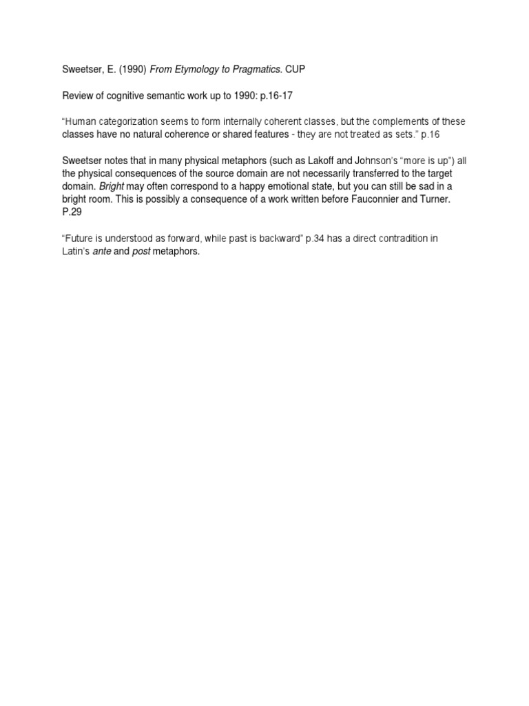 Sweetser, E. (1990) From Etymology To Pragmatics Notes PDF