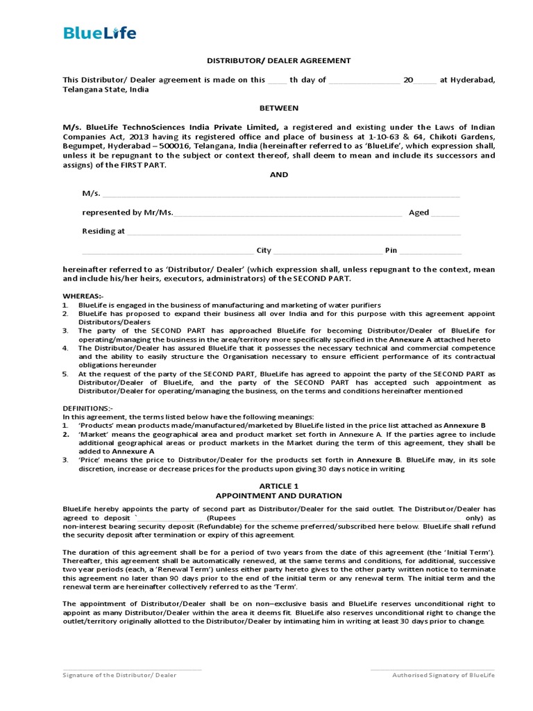 Dealer Distributor Agreement | PDF | Indemnity | Arbitration