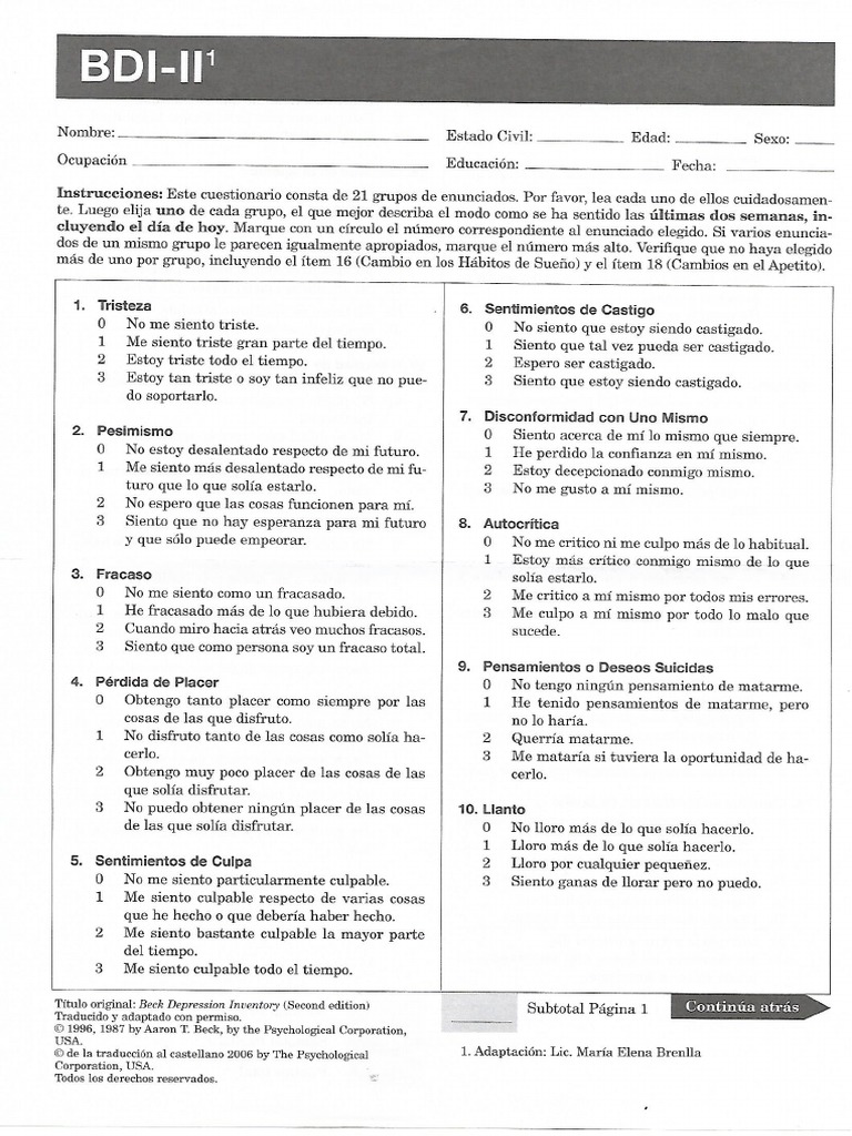 Beck Depresion Inventory II (BDI II) PDF | PDF