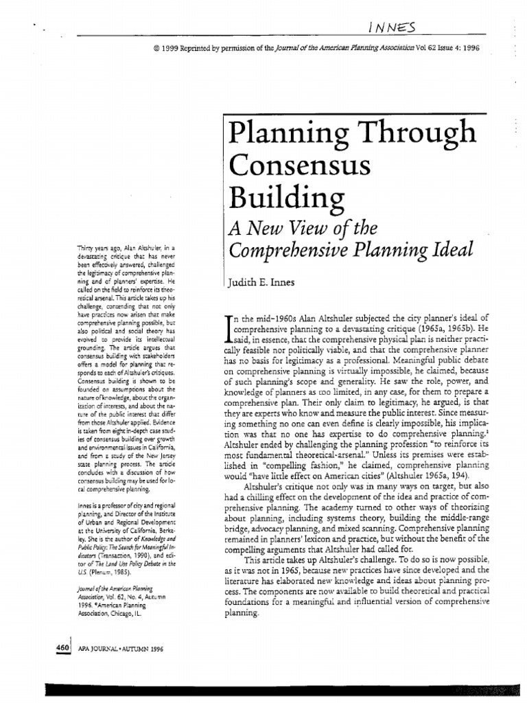 (1996) Innes, JE PlanningThroughConsensusBuilding | PDF
