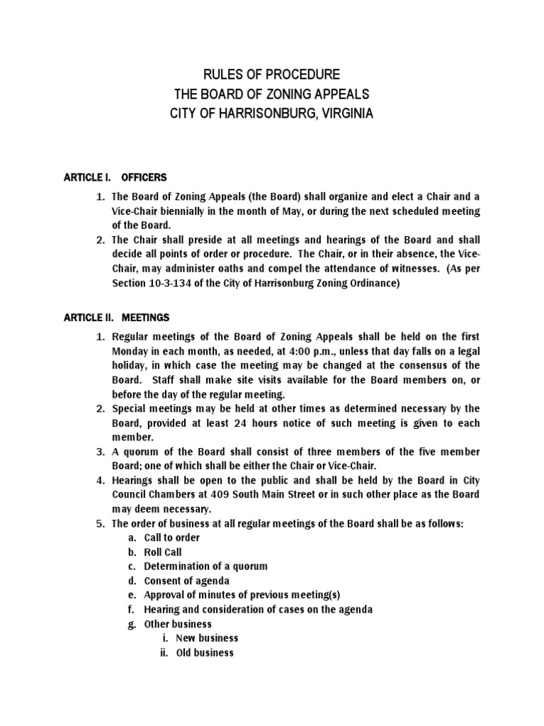 Rules of Procedure The Board of Zoning Appeals City of Harrisonburg