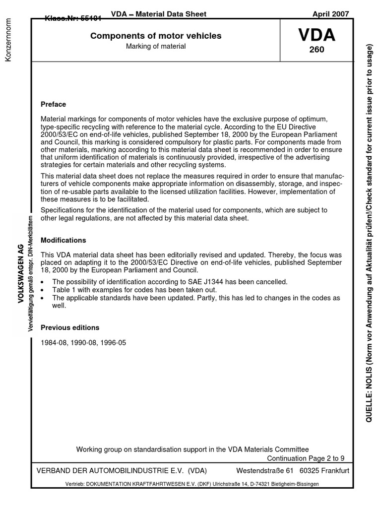 VDA 260 Material Marking Guidelines | PDF | Alloy | Metals