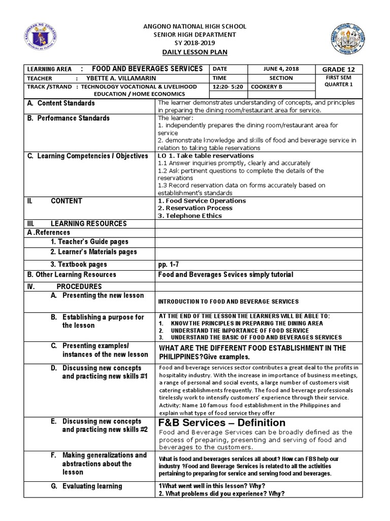 Food and Beverage Services Lesson Plan | PDF | Lesson Plan | Learning