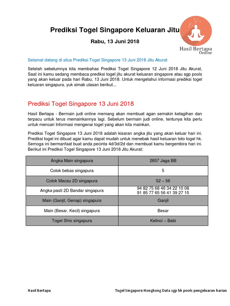 Prediksi Togel Singapore 13 Juni 2018 Jitu Akurat Hasil Bertapa