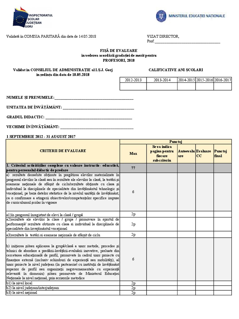 Fisa Autoevaluare Profesori 2018