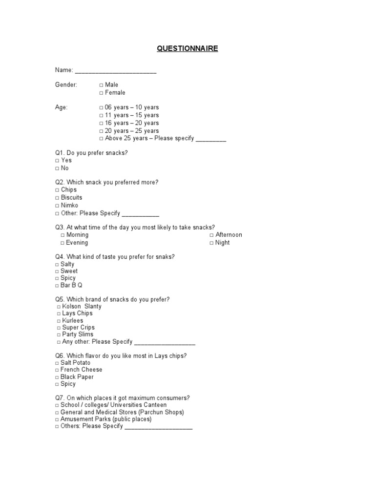 Questionnaire Potato Chip Food And Drink