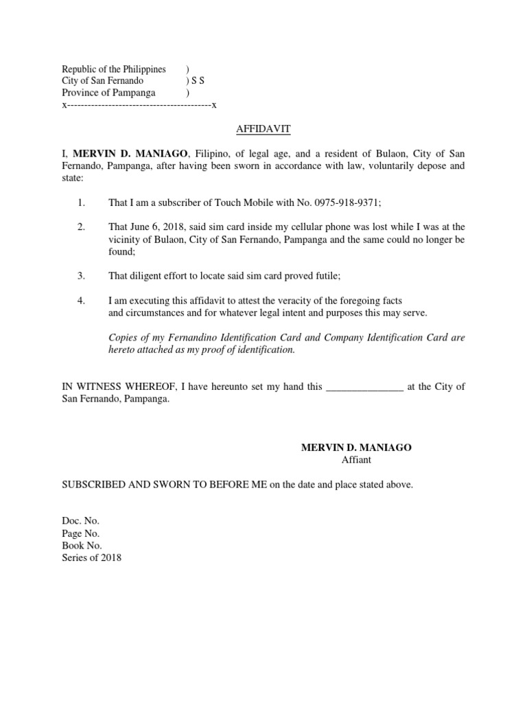 Affidavit of Lost Sim Card PDF Affidavit Mobile Phones