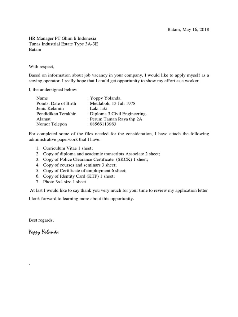Contoh Surat Lamaran Kerja Bahasa Inggris Dan Artinya Pdf