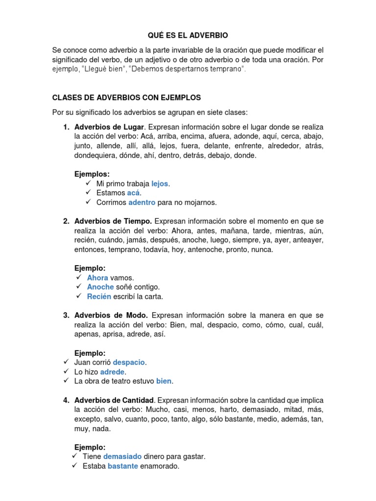 Los diferentes tipos de adverbios y sus funciones | PDF | Adverbio | Verbo