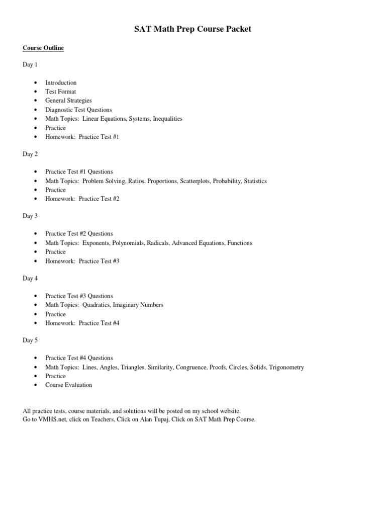 SAT Math Prep Course Packet | PDF | Sat | Equations