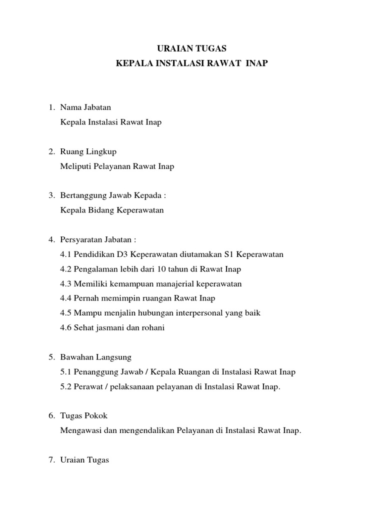 Tugas Kepala Instalasi Rawat Inap dan Jalan | PDF | Karier ...