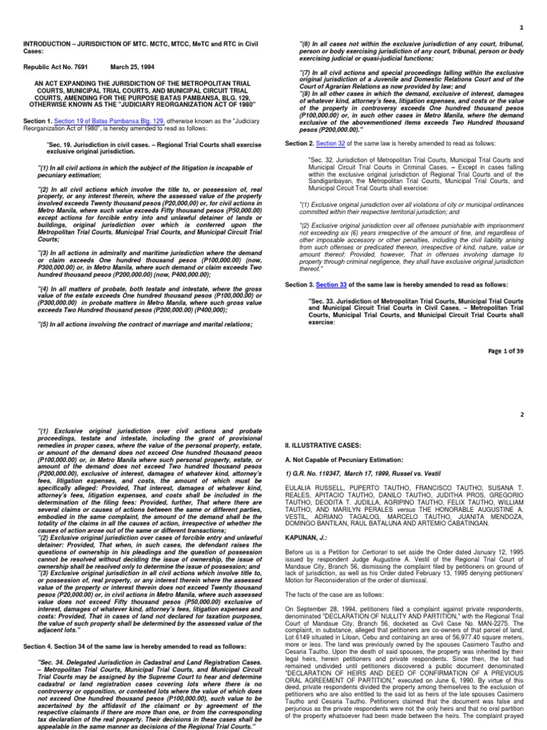 BP 129 As Amended by RA 7691 On Jurisdiction of RTC and MeTC MTC MCTC