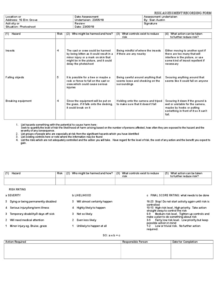 Risk Assessment Template House Hazards Risk