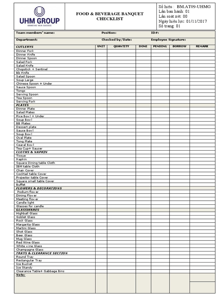 Food & Beverage Banquet Checklist | PDF