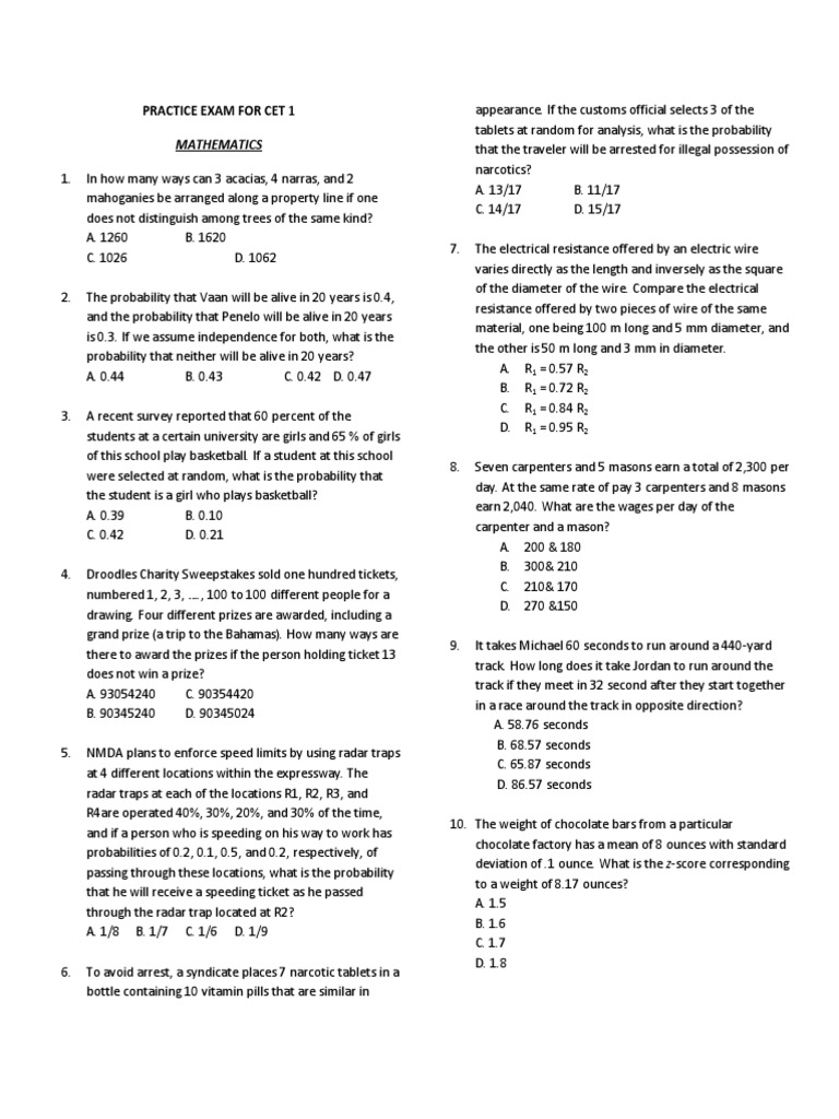 CET 1 Mathematics Practice Exam | PDF | Inductance | Inductor