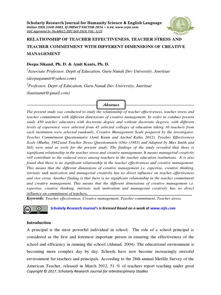 Relationship of Teacher Effectiveness, Teacher Stress and Teacher ...