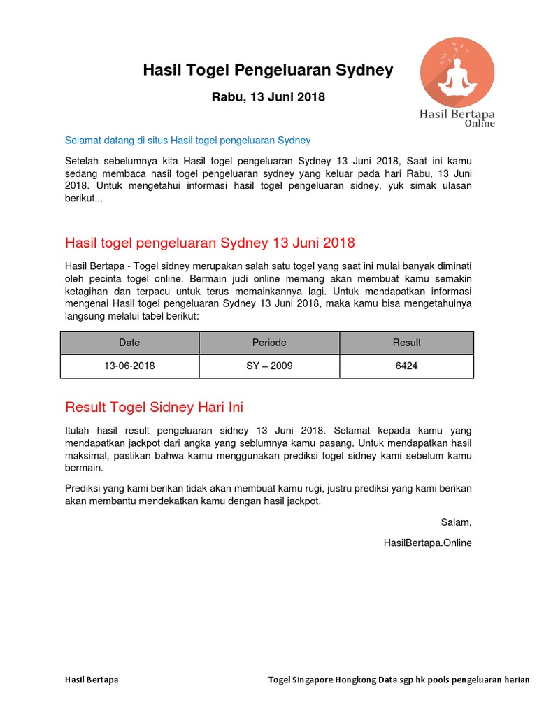 Hasil Togel Pengeluaran Sydney 13 Juni 2018 - Hasil Bertapa | Pdf