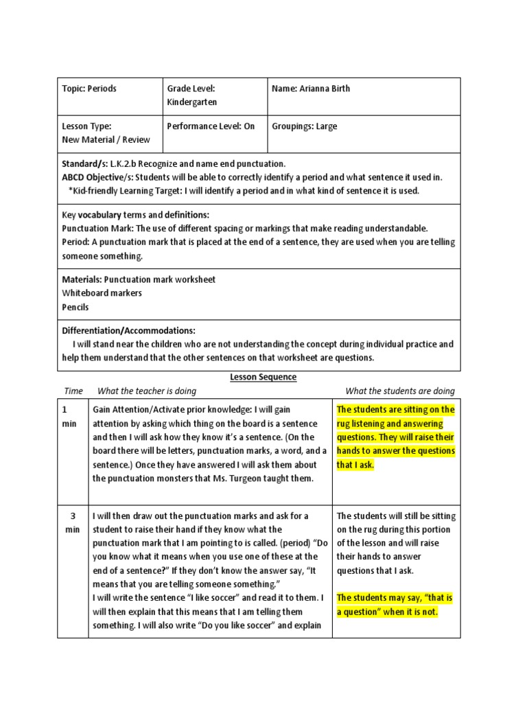 Period Lesson Plan PDF Question Vocabulary