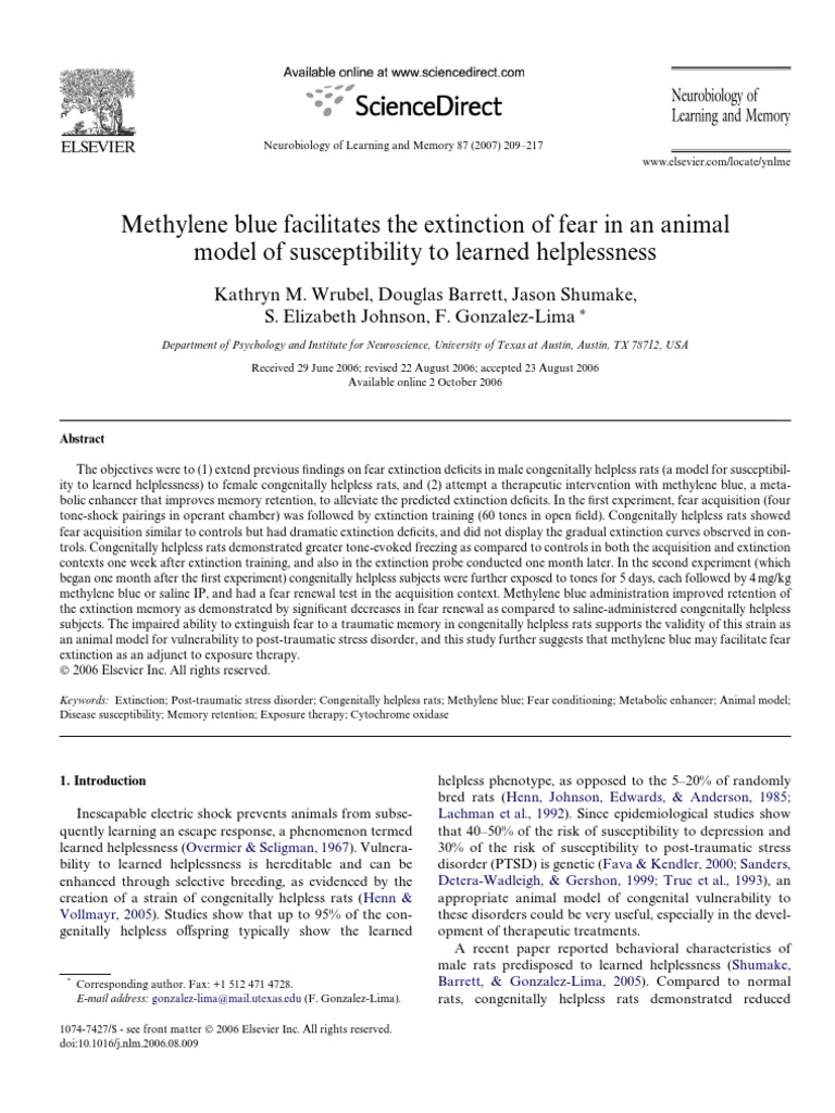 Methylene Blue Facilitates The Extinction of Fear in An Animal Model of