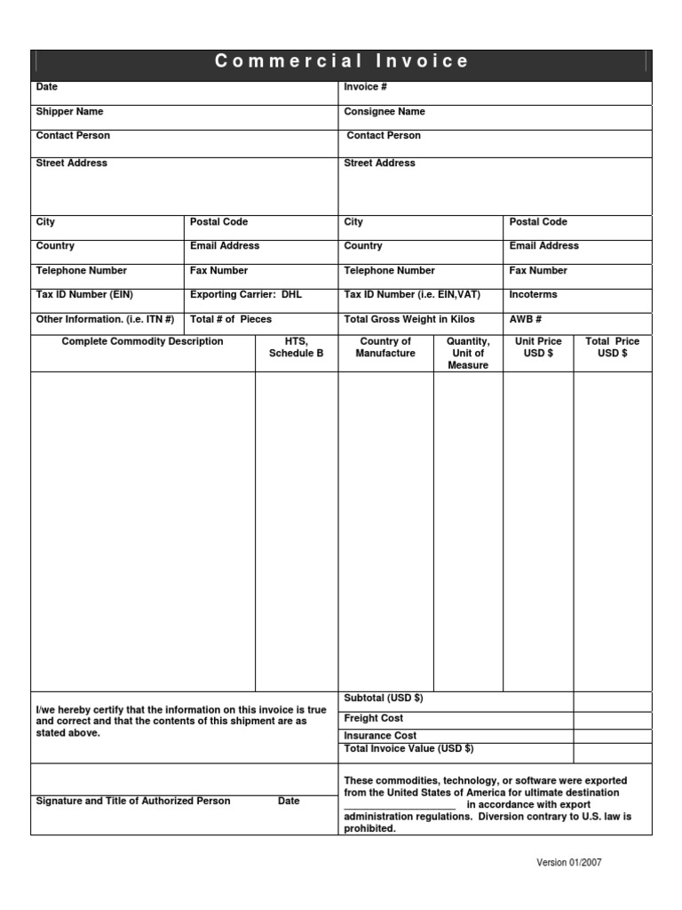 Commercial Invoice Template Example | PDF