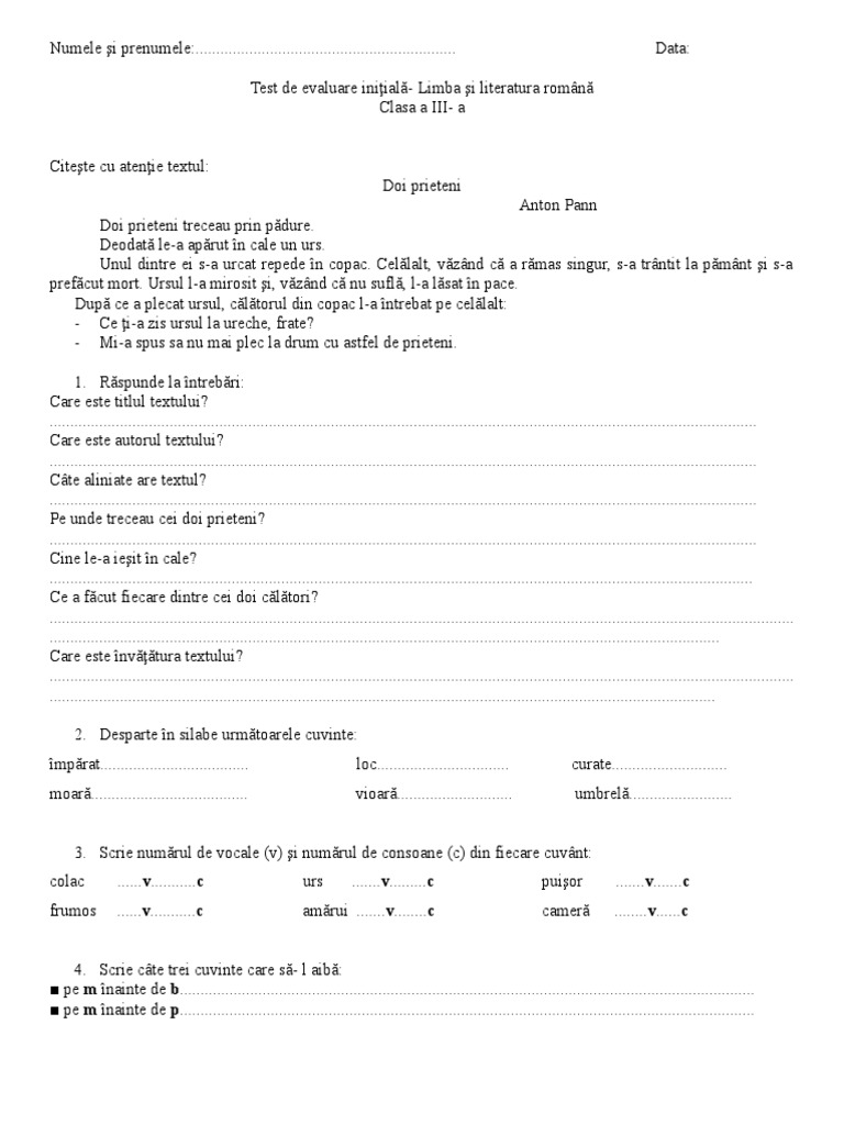 Test de Evaluare Initiala Clasa a III a Lb Romana