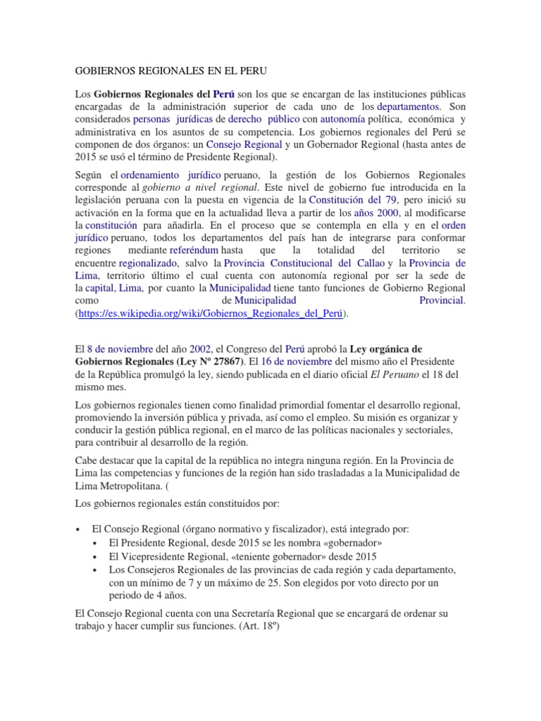 Estructura y Funciones de Gobiernos Regionales en Perú | PDF | Política ...
