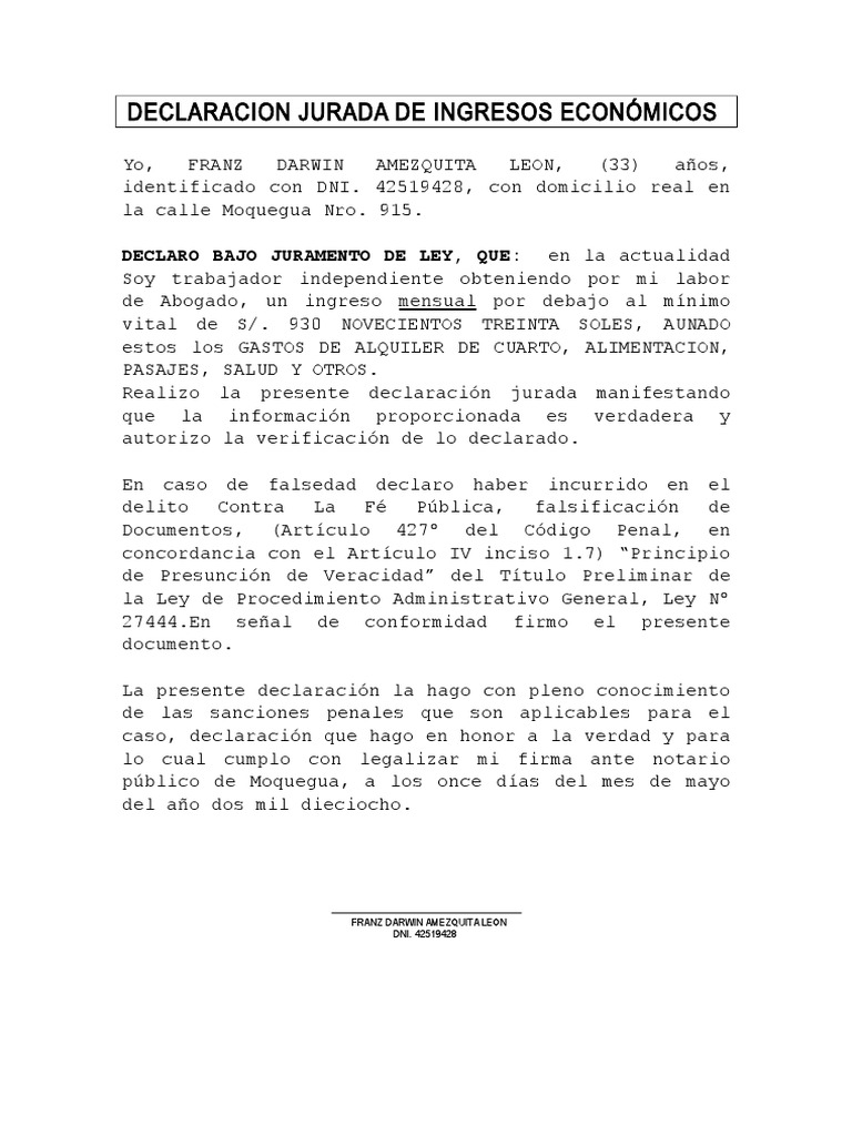 Declaracion Jurada de Ingresos | PDF