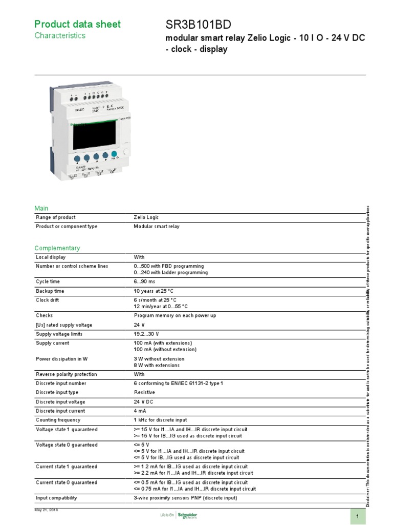 Smart Relay - Zelio Logic SR2 - SR3 - SR3B101BD Product Datasheet | PDF ...