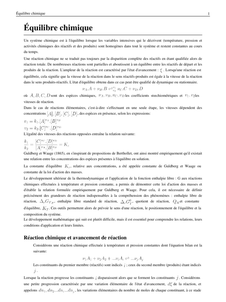 Équilibre chimique et loi d'action des masses | PDF | Enthalpie libre ...