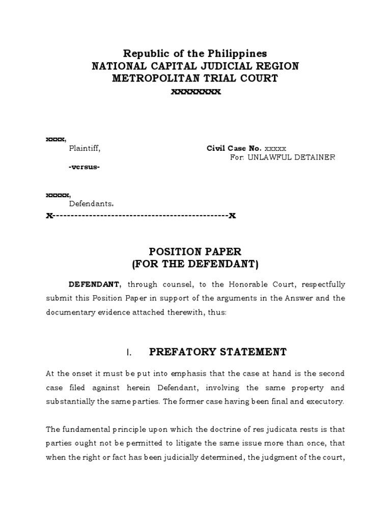 Position Paper on Unlawful Detainer Case | PDF | Res Judicata | Lawsuit