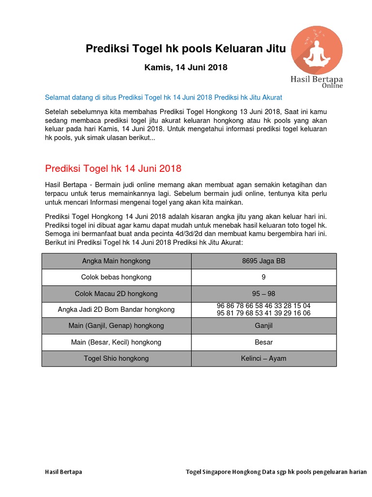 Prediksi Togel Hk 14 Juni 2018 Prediksi Hk Jitu Akurat Hasil Bertapa Pdf