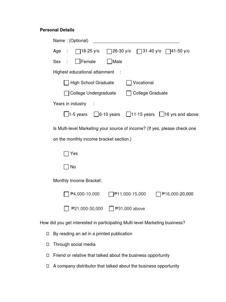Thesis Questionnaire Final | PDF | Multi Level Marketing | Business ...