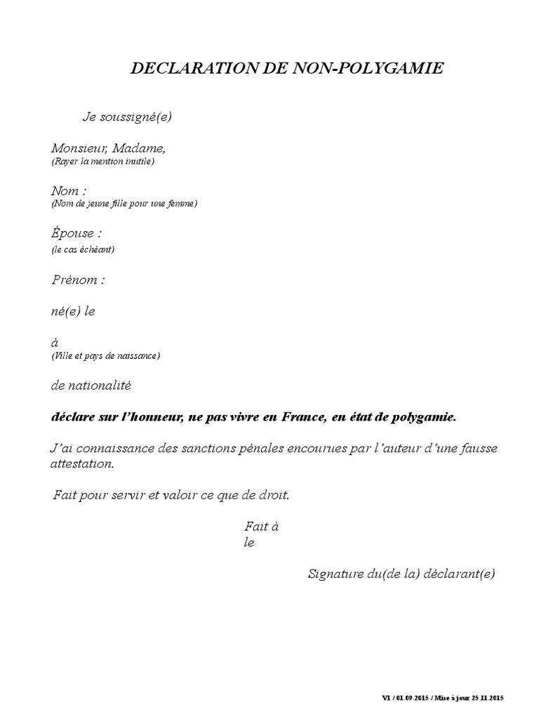 Attestation De Non Polygamie Prefecture De Paris