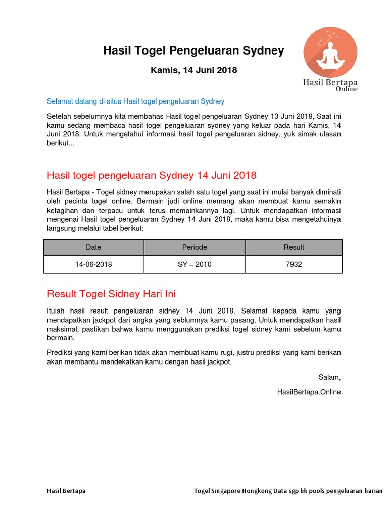 Hasil Togel Pengeluaran Sydney 14 Juni 2018 Hasil Bertapa