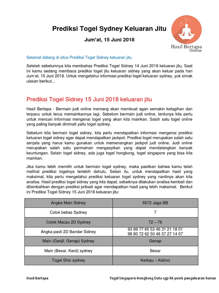 Prediksi Togel Sidney 15 Juni 2018 Keluaran Jitu - Hasil Bertapa | Pdf
