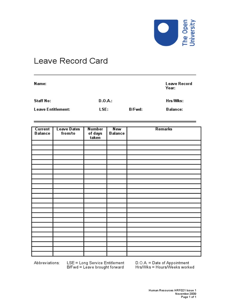 Employee Leave Record Card Template | PDF