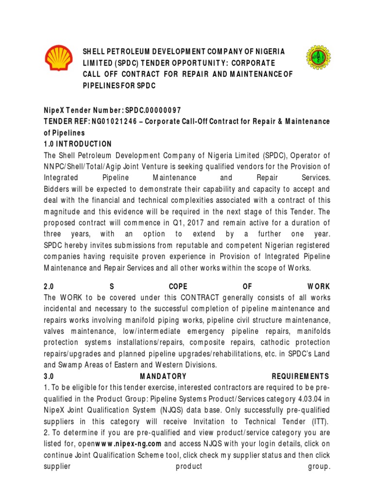 SPDC Call-Off Contract for Pipeline Repair | PDF | Pipeline Transport ...