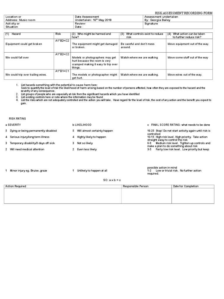 Music Room Risk Assessment Form | PDF | Risk Assessment | Risk