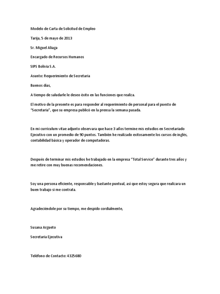 Modelo de Carta de Solicitud de Empleo