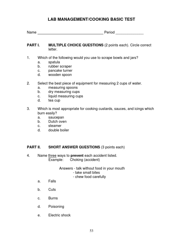 LAB Management/Cooking Basic Test MULTIPLE CHOICE QUESTIONS (2 Points Each) Circle Correct