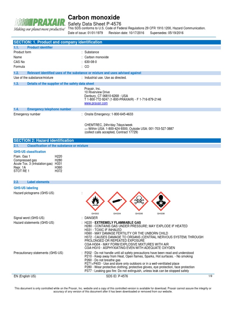 CARBON MONOXIDE SAFETY DATA SHEET visual data 3