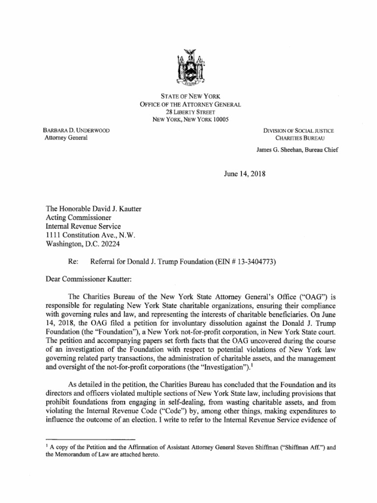 NY Attorney General Letters To IRS and FEC About Donald J Trump