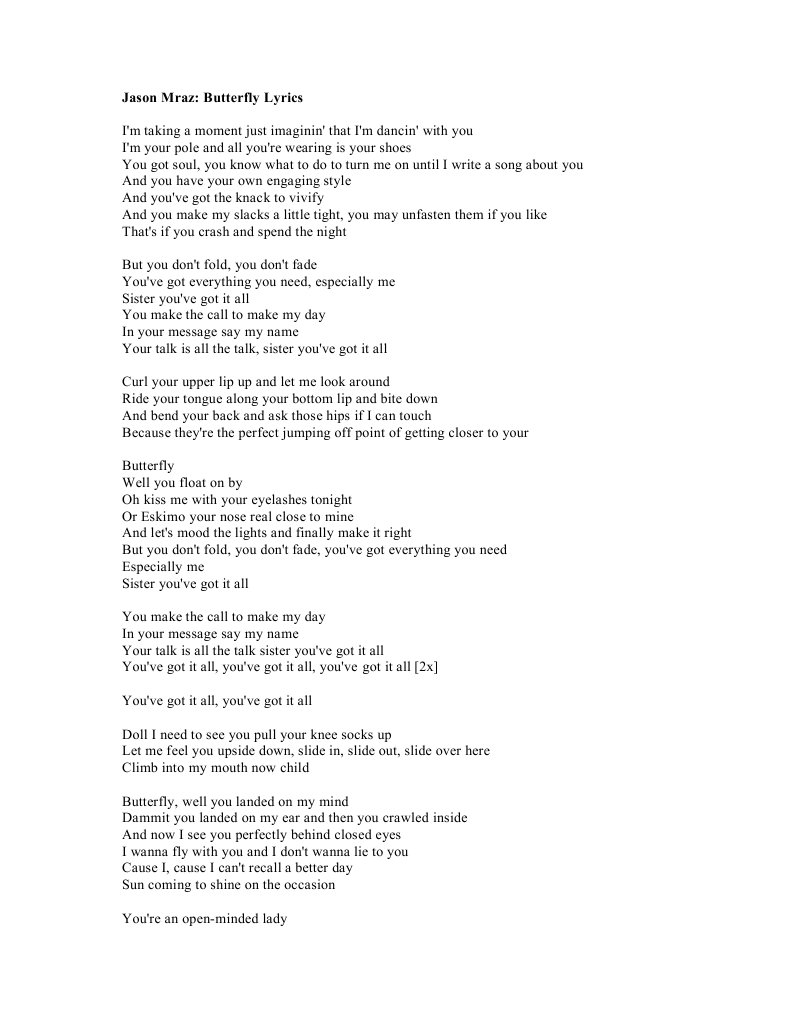Jason Mraz Butterfly Lyrics PDF Recorded Music Leisure