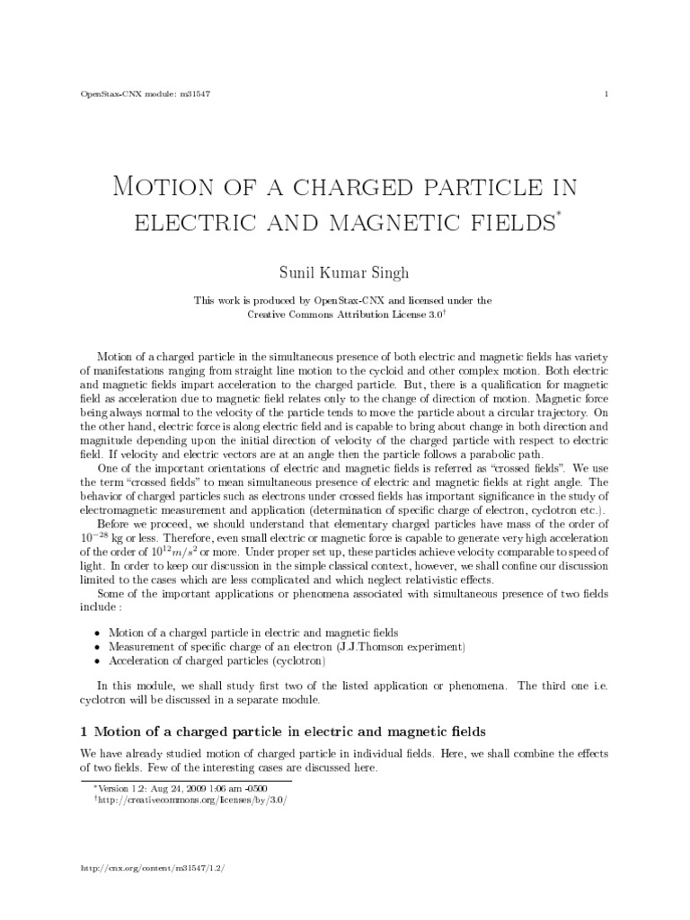 Motion of A Charged Particle in Electric and Magnetic Fields 2 | PDF ...