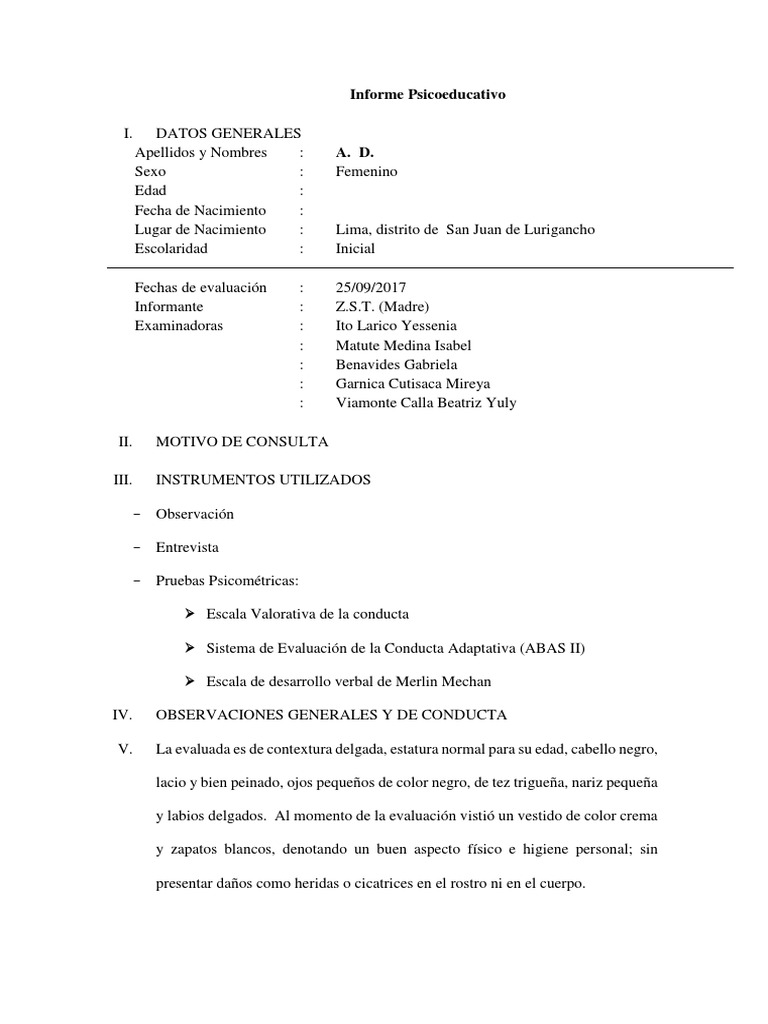 Informe Psicoeducativo de Evaluación Infantil | PDF | Las emociones ...