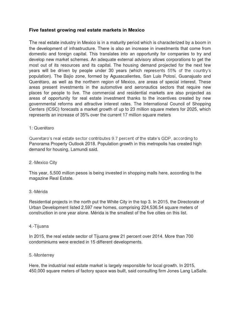 Five Fastest Growing Real Estate Markets in Mexico PDF Economies